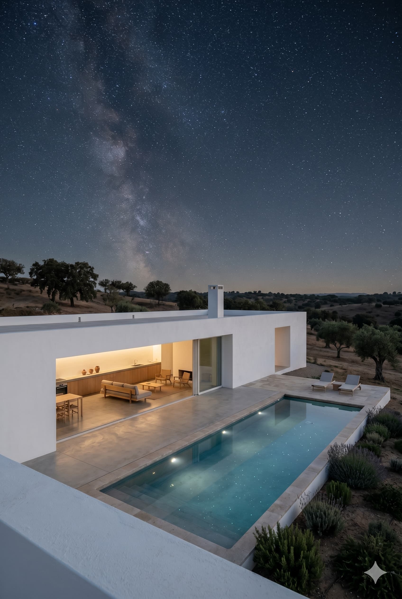 Eine minimalistisch eingerichtete Luxusvilla mit Pool im Alentejo unter einem klaren Sternenhimmel