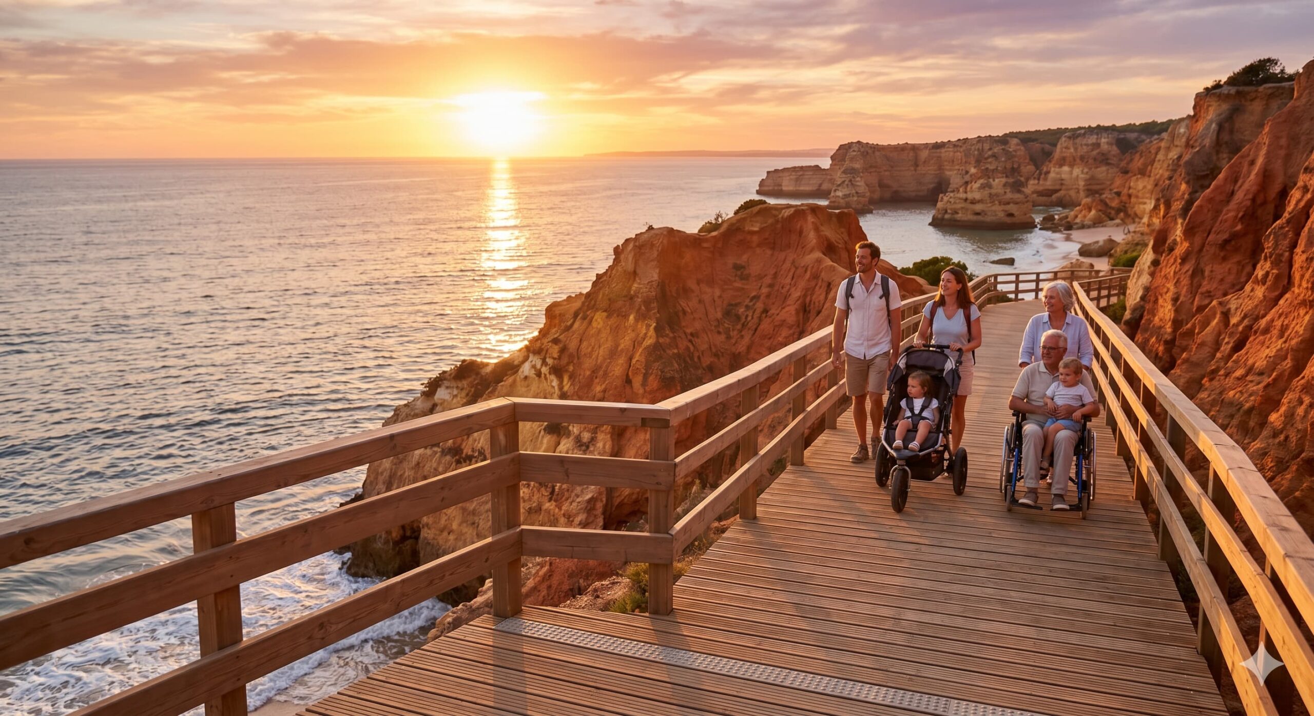Eine Familie wandert auf einem barrierefreien Holzsteg an der Algarve-Küste bei Sonnenuntergang.