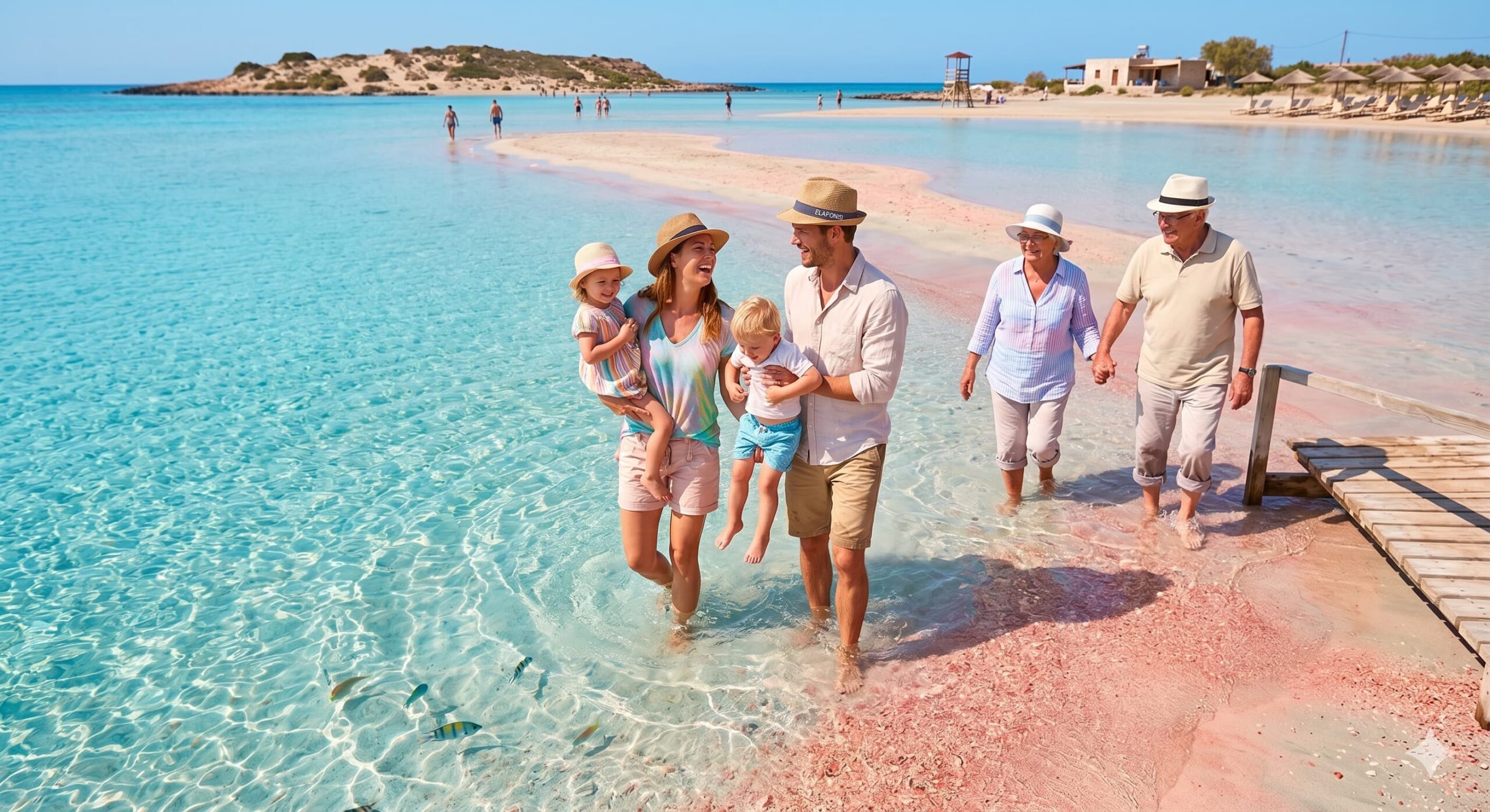 Familie watet durch die flache Lagune von Elafonisi auf Kreta
