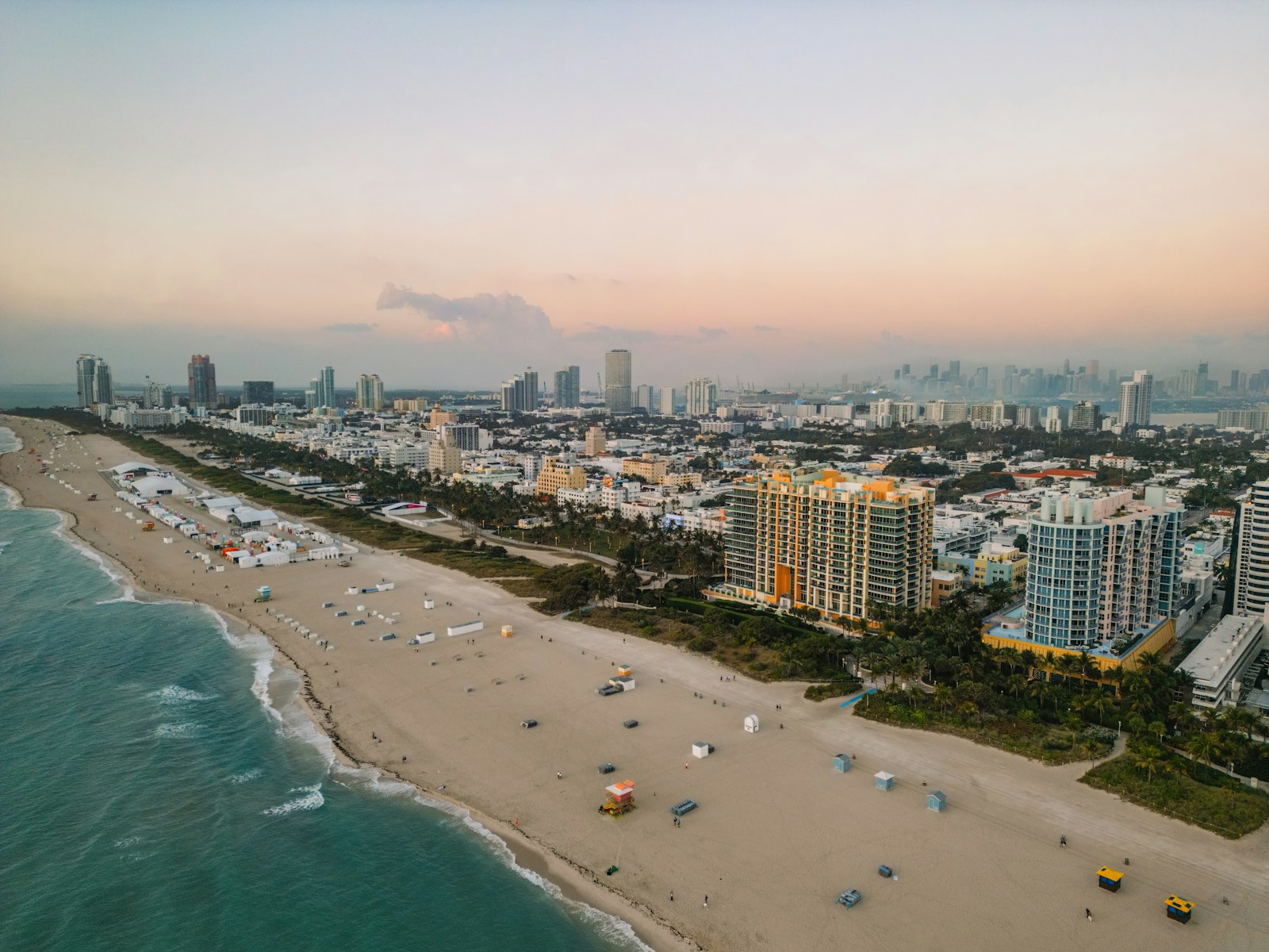 Aerial view of a beach city skyline at dusk