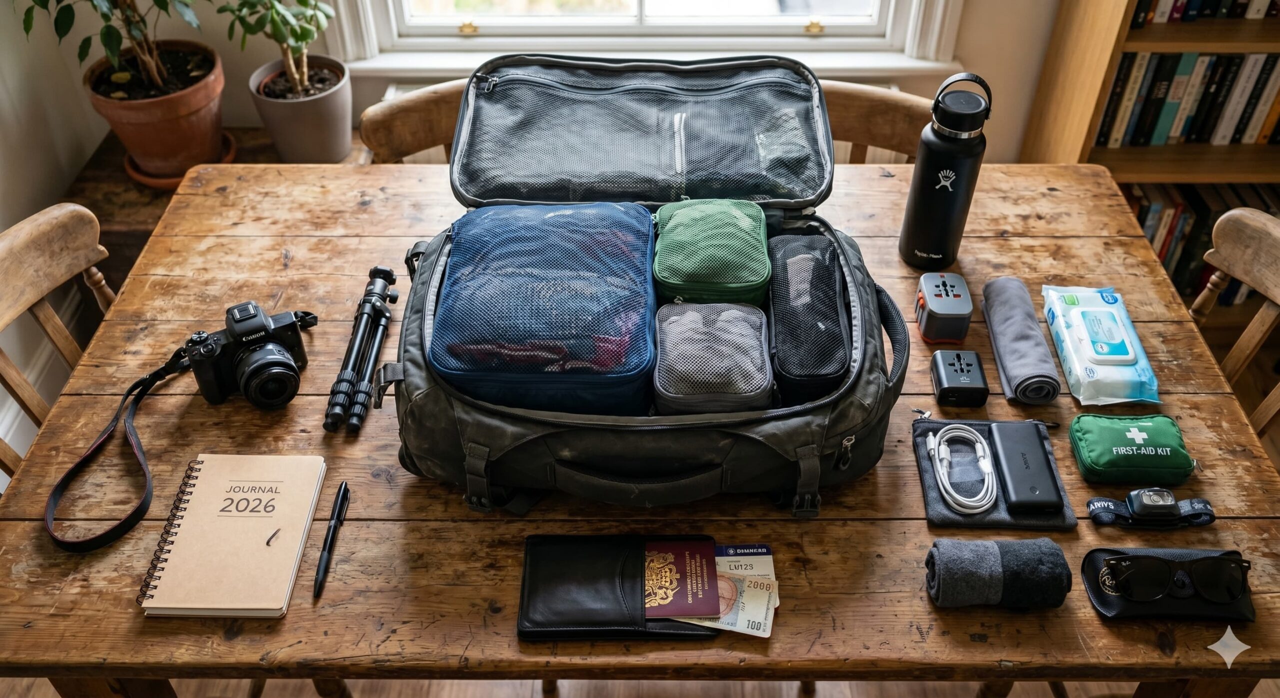 Organisierter Rucksack mit Packing Cubes und Reiseutensilien auf einem Holztisch